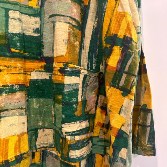 LOGO Lori Goldstein 2X Shirt Top Green Yellow Long Tunic V Neck Lagenlook - Picture 3 of 9